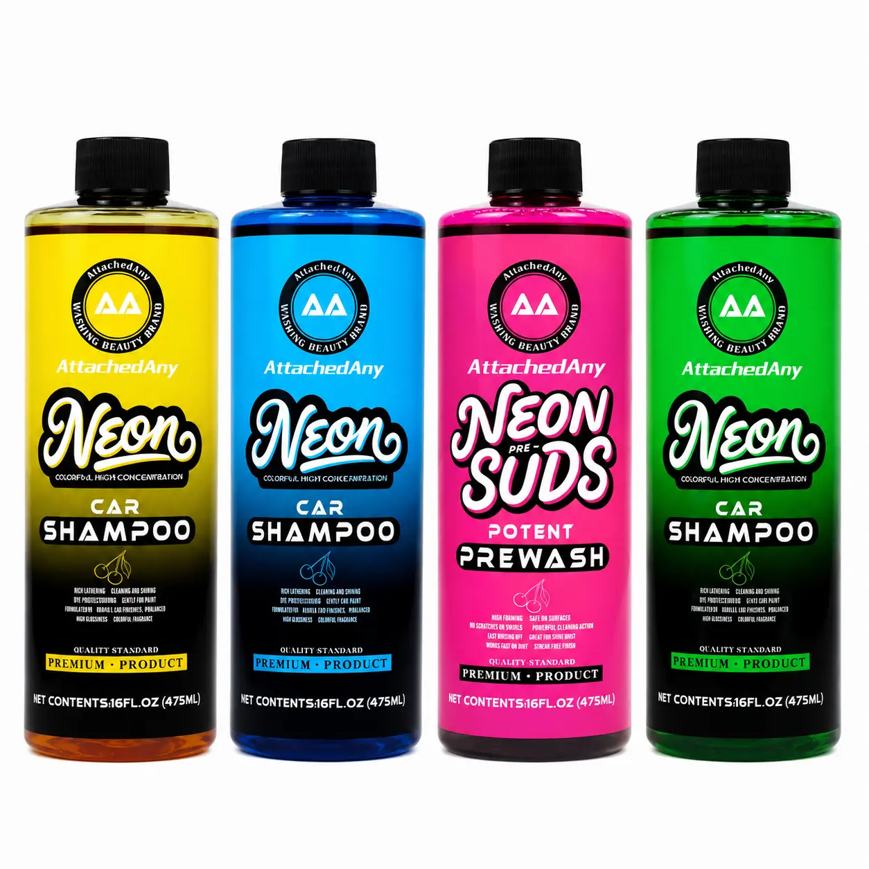 AttachedAny Car Supplies pH Neutral High Foam Shampoo with Wax - 16oz/4L Neon Series, Car Detailing Products for Foam Cannon (Pink, Blue, Green, Yellow), High Gloss Vehicle Cleaner