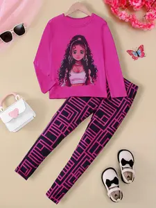 Young Girls' Cartoon Print Long Sleeve Top & Geometric Print Trousers Set, Trendy for Casual Wear, Stylish Two-Piece Set, Geometric Patterns, Fitted Cut