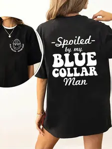 Women's Cartoon Face & Slogan Print Drop Shoulder Tee, Casual Comfy Round Neck Half Sleeve T-shirt for Daily Wear, Vintage Graphic Tees, Women's Top for All Seasons