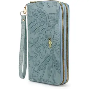 Wallet Women, Large Capacity Double Zip Clutch Wallets for Women PU Leather Credit Card Holder with Wrist Strap