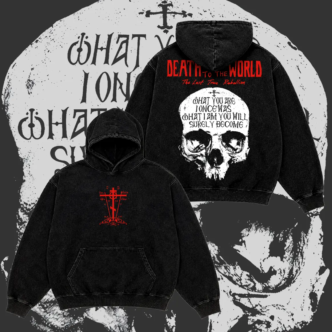 Death to the World Orthodox Christian Menswear Vintage Washed Pullover Hoodie, Front and Back Skull Cross Graphic, Gothic Faith Streetwear