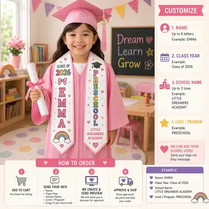 Personalized Preschool Graduation Stole for Girls, Custom Name Kindergarten Stole, Class of 2026 Kids Graduation Sash, Rainbow School Stole