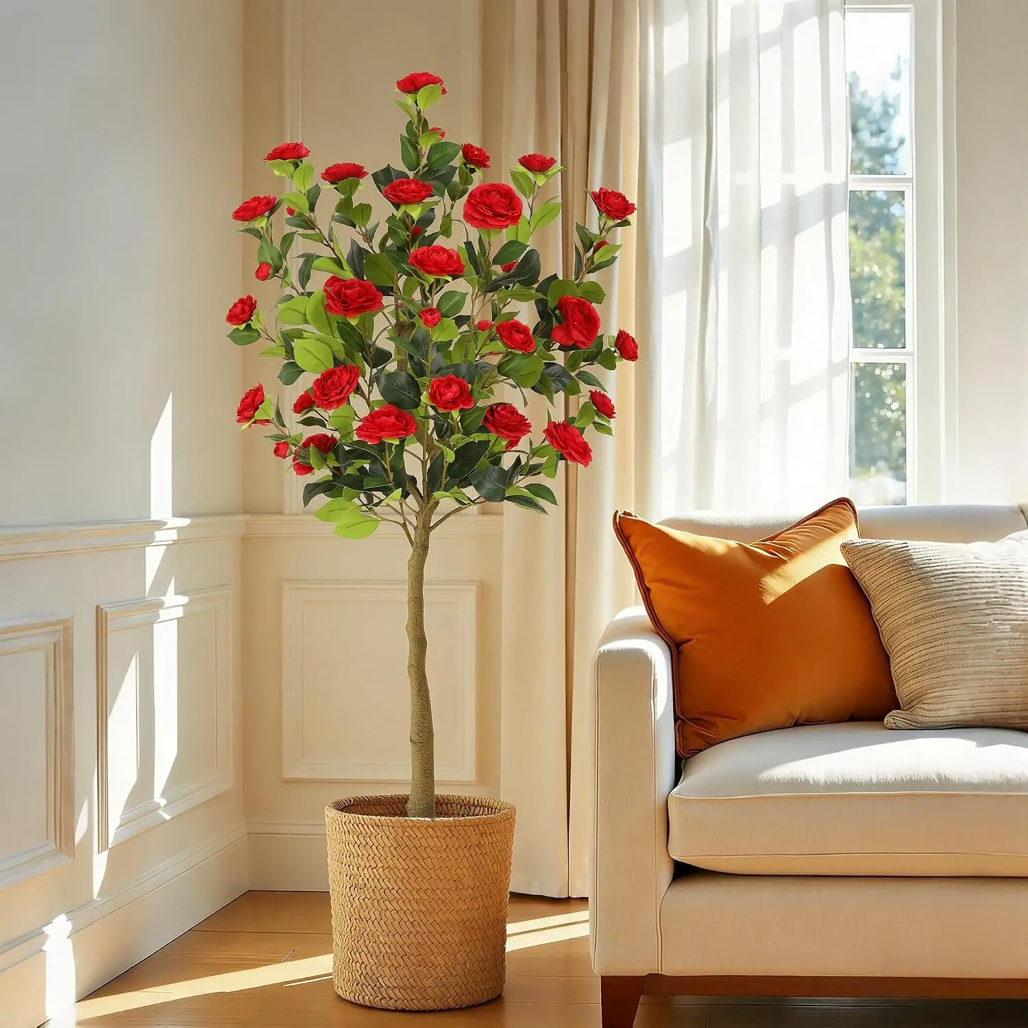 60 inch Artificial Camellia Tree with Silk Red Flowers, 5ft Faux Camellia Plant with Lifelike Trunk, Fake Flower Tree Potted Front Door Plants for Porch Patio Deck Living Room Decor