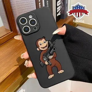 Machine Gun Monkey Pattern Straight Edge Phone Case for iPhone 17 16 Pro Max 15 14 13 12 11 Air XR E XS Plus Shockproof Non Slip Military-Grade Protection Silicone Cover