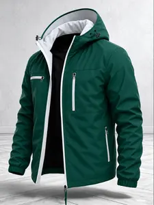 Men's Lightweight Hooded Jacket, Activewear, Waterproof Breathable Fabric, Patchwork Design, Adjustable Hood, Long Sleeve, All Seasons