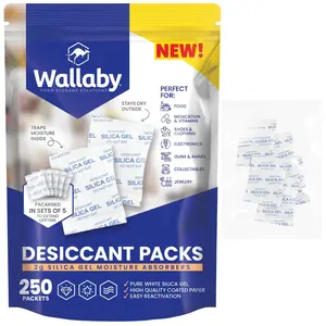 Wallaby 2 gram Silica Gel Desiccant Dehumidifier Packs (250 Packets) Food Safe Pure White - Rechargeable Moisture Absorbers