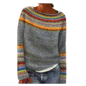 Women's Vintage Fair Isle Pattern Sweater Casual Loose Crewneck Long Sleeve Knitted Sweater Tops Womenswear Bohemian（gift）（gift）