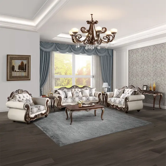 Acme LV03830-31 2-Piece Upholstered Couch Set - Pierce Cherry Finish Wood Love Seat & Sofa with Ornate Accents