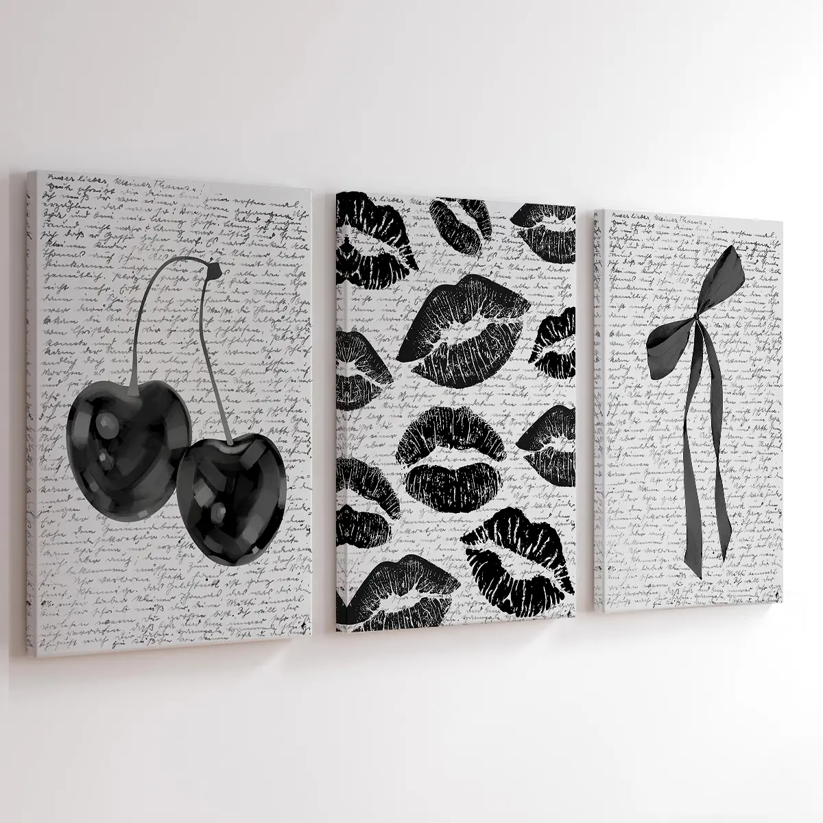 3Pcs/Set Wooden Framed Black White Retro Cherry Canvas Poster, Coquette Bow Wall Art, Preppy Decor, Vintage Room Decor, Lips Kiss Prints, Artwork For Walls Wall Painting For Gift, Dark Aesthetic, Wall Decor For Home, Decoration Items, Ready To Hang