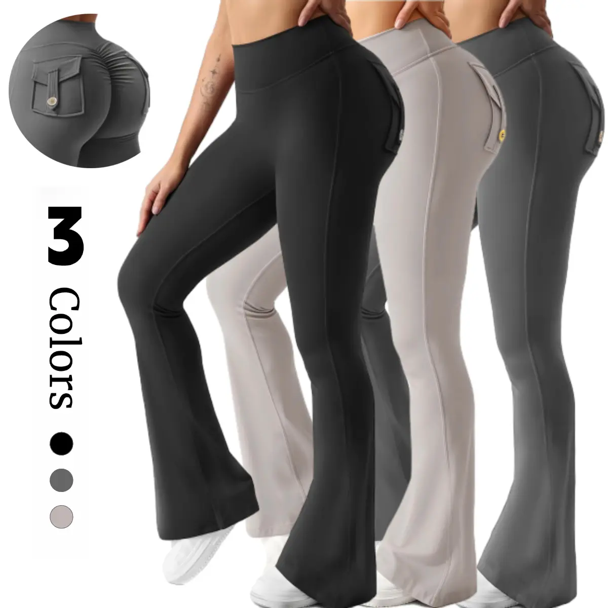 Women's High-Waisted Tight-Fit Flare Pants with Pockets, V-Shaped Waist Design Butt-Lifting Yoga Pants, Casual Fall Winter Workout Wear, Flared Yoga Gym Sportswear Bottoms, Gym Workout Leggings