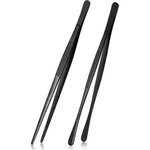 2 count 10 Inches Fine Tweezer Tongs, Stainless Steel Cooking Tongs for BBQ Sea  Repairing Serving, Black
