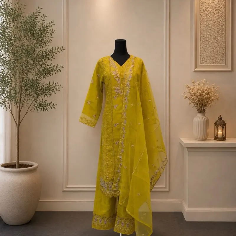 Pakistani dress designer by SADABAHAR 3-Piece Stitched Suit fabric is organza scarf material organza ready-to-wear nature of the outfit. Womenswear