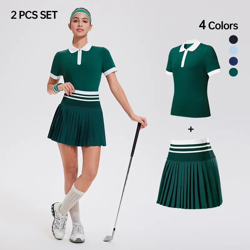 Women's 2-Piece Colorblock Athletic Wear Set, Long Sleeve Quarter-Zip Nylon Polo & High-Waisted Zipper Fly Tennis Skirt, Golf, Everyday Activewear