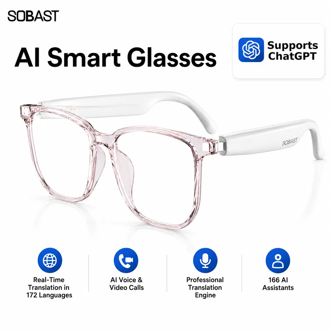 High-End Wireless Translation Smart Glasses - 172-Language Real-Time Translation, 166 AI Assistants, Open-Ear HD Audio, Bluetooth Calls, Hands-Free Music, Lightweight Eye Care, Magnetic Charge, for Daily Wear & Travel, Ideal Father’s Day Gift for Students