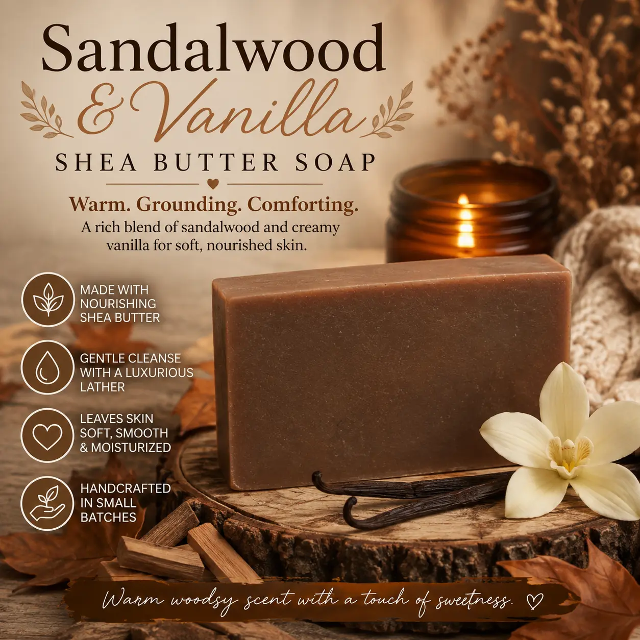 Sandalwood & Vanilla Shea Butter Soap | Warm Woodsy Handmade Moisturizing Bar