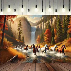 8x6ft Polyester Wall Tapestry - Wild Horses Running by Autumn Waterfall, Vibrant Fall Foliage Scene with Sunlit Mountains, Ideal for Studio Props, Photography, Film & Event Decor, Perfect for Spring & Summer, Event Backdrop |       Autumnal Landscape |