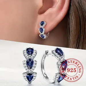 Elegant Luxury 925 Sterling Silver Hoop Earrings with Synthetic Blue Sapphires, September Birthstone, for Daily & Banquet Occasions, Ideal Valentine's Day Gift - 1 Pair