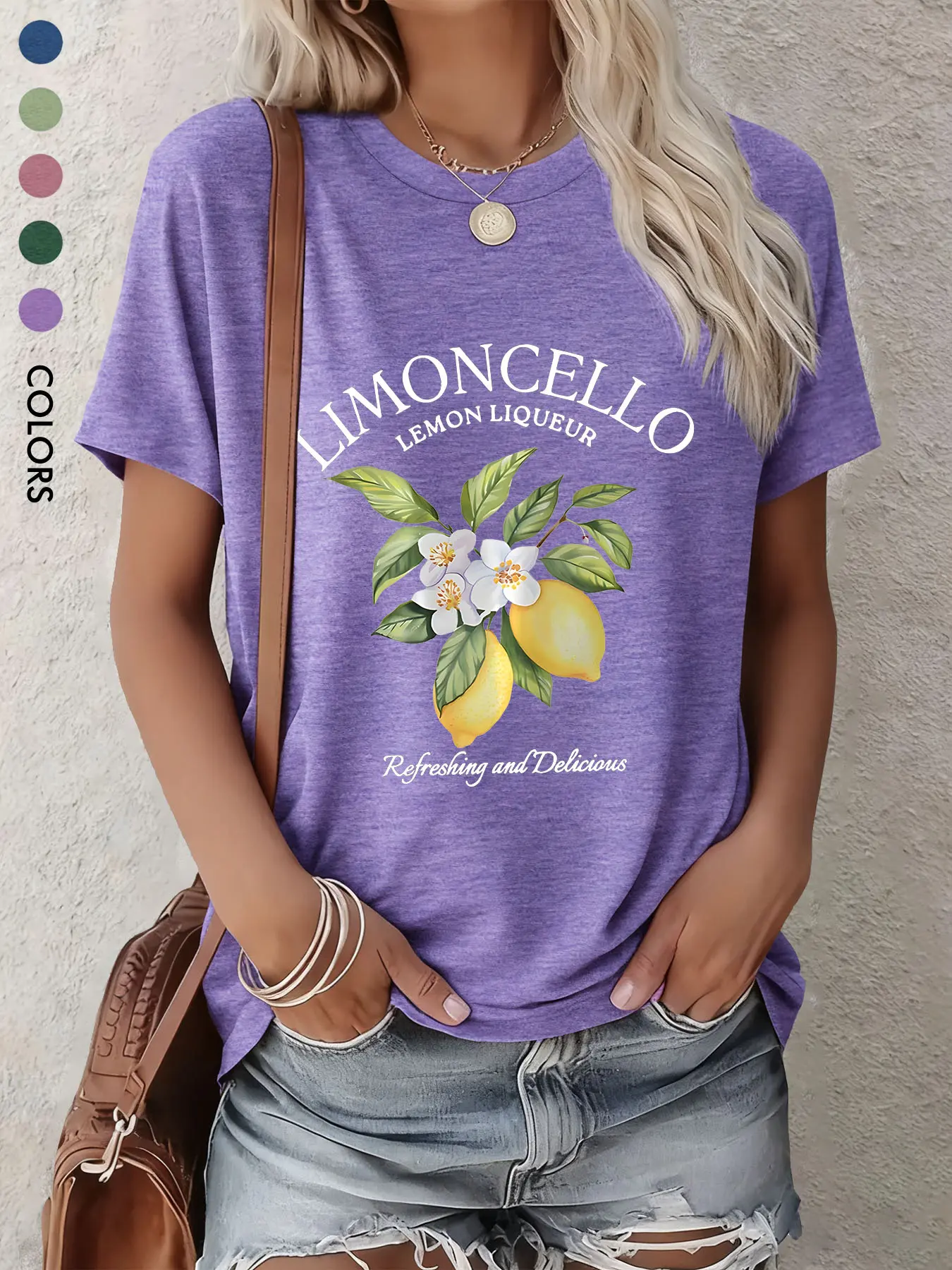 Women's Crew Neck Short Sleeve Fitted T-Shirts, Italian Limoncello Lemon Liqueur "Refreshing and Delicious" Graphic Print, Pink/Blue/Green/Purple/Dark Green Everyday Holiday Casual Tops, Comfortable for Vacation, Outings & Holiday Gifting