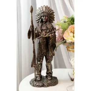 Native American Indian Chief With Eagle Roach Spear And Chalumet Pipe Statue