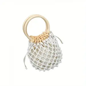 Women Mini Clutch Tote Handbag Top-handle Bucket Drawstring Handbag Beach Woven Handmade Fishing Net Bag Pouch Purse