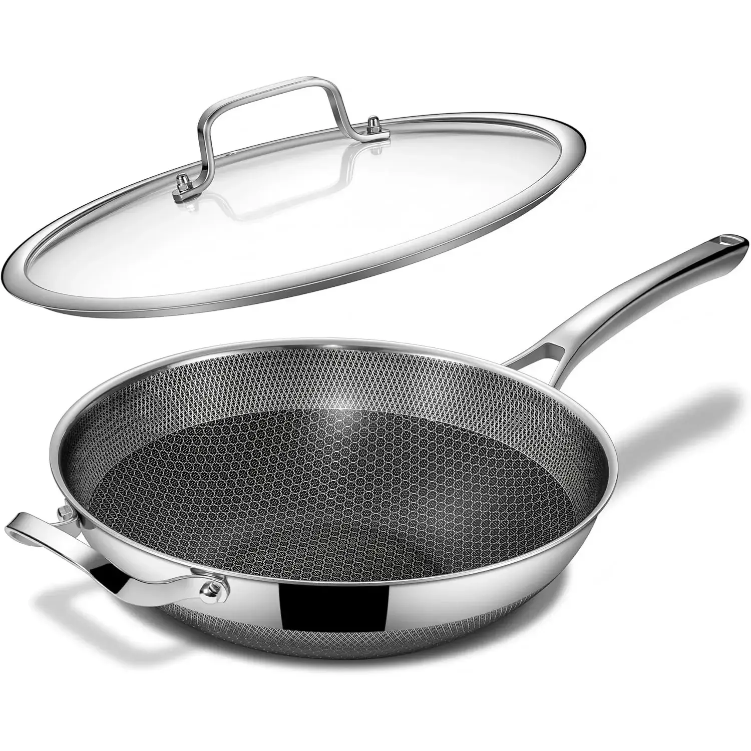 Wok pan,12 inch Hybrid Wok with Lid,PFOA Free Cookware,Non Stick Stainless Steel Woks & Stir-fry pans Nonstick, Dishwasher and Oven Safe, Works on Induction Skillets