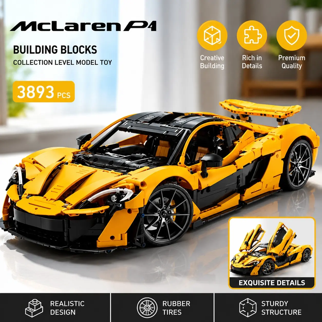 Technic P1 42172 Super Car Building Blocks Model Kit, 1:8 Scale with V8 Engine and 7-Speed Transmission, Ultimate Gift for Car Enthusiasts, 3893 Pieces, Building Block Sets