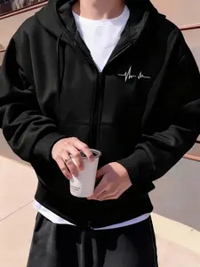 Men's Trendy Zip Hoodie Sweatshirt, Simple Print Long Sleeve Loose Fit Casual Street Style Sportswear with Pockets, Fall & Winter Fashion