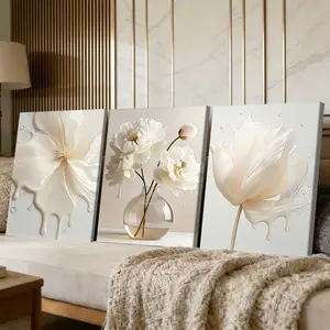 3 Counts Wooden Framed Canvas Painting, Elegant White Liquid Flower Images, Exquisite Poster, Perfect Gift, Decor For Living Room, Bedthroom, Modern Home Decoration, Modern Art, Fashion Family Poster, Wall Art Decoration, Artwork