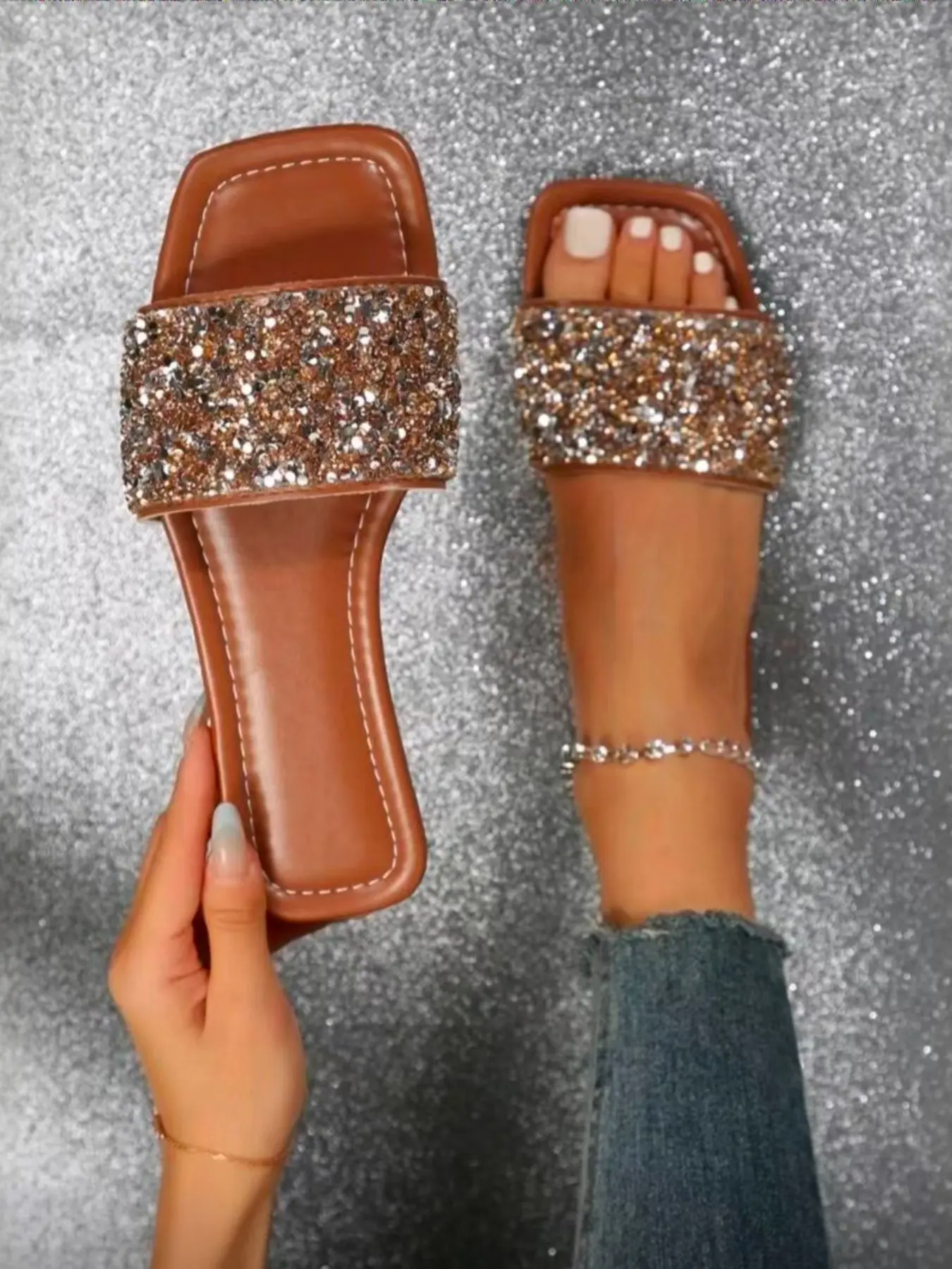 2026 Rhinestone Square-Toe Sandals for Women, Full Rhinestone Decor, Non-Slip Sole, Lightweight Luxury Party Shoes, Spring Summer Style, Embellished Sandals