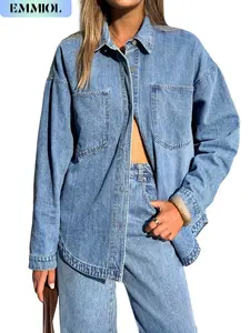 EMMIOL Women Denim Shirts Oversized Long Sleeve Button Down Blouse Distresse Jean Jacket Fall Outfits 2025