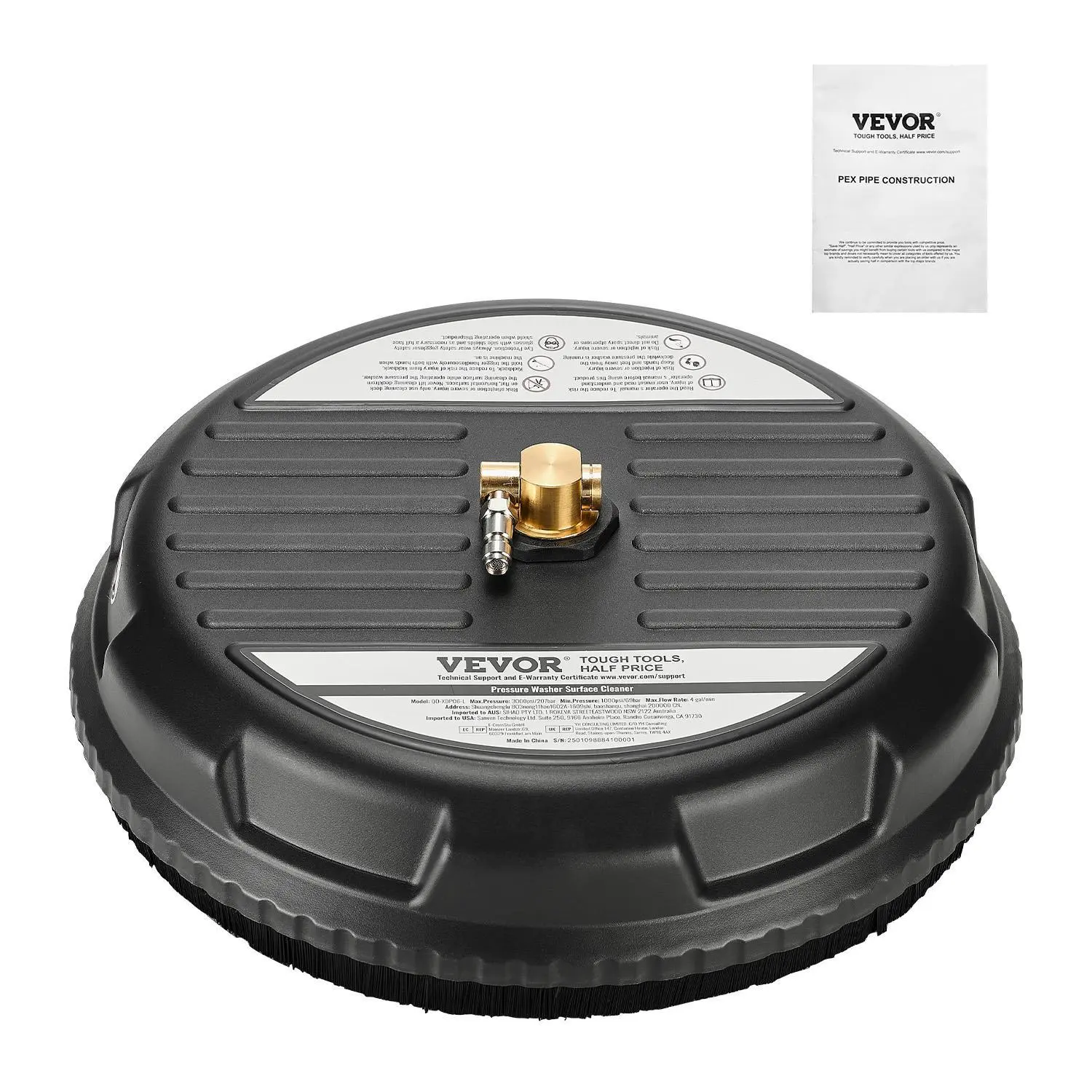 【Summerfinds】VEVOR 15" Pressure Washer Surface Cleaner, Plastic Pressure Washer Attachments with 4 Wheels, 3000 Max PSI, 1/4 Quick Connector, 2 Spray Nozzles, Ideal for Driveways, Sidewalks, Patios, Decks, Black
