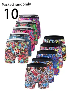 Random Pack of 10 Long Men's Underwear, Comfortable Fitted Street Style Graffiti Briefs, Casual Fashion Versatile Boxer Shorts Underwear Boxers