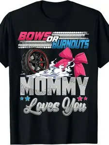 Burnouts Or Bows Gender Reveal Party Announcement Mommy T-Shirt Same Style for Men And Women   Summer Short-Sleeved Printed T-Shirt Pure 220G