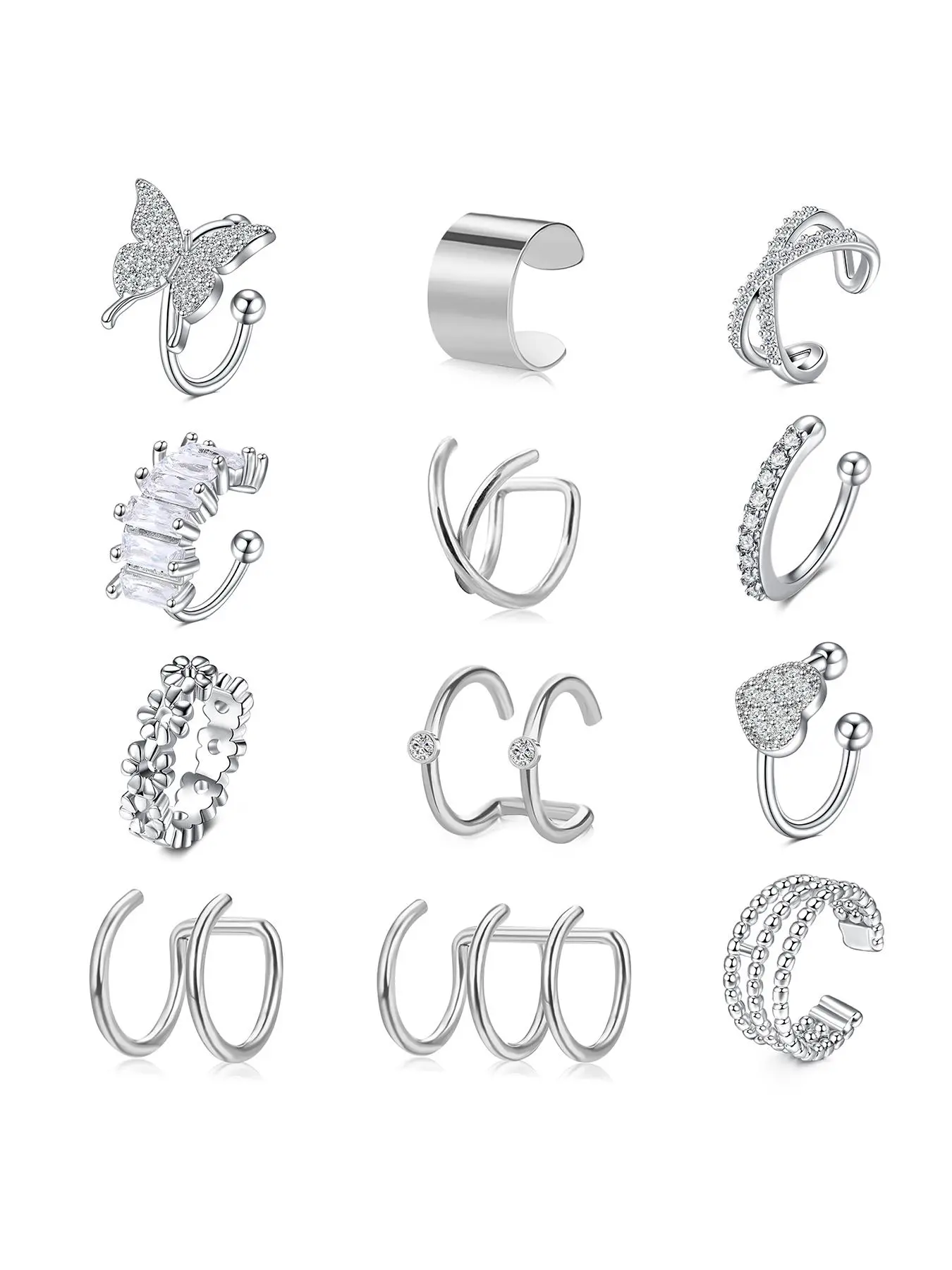 12pcs Stainless Steel Ear Clip Ear Cuff Set Without Ear Holes For Men And Women, Dot Drill Butterfly Love Double Circle Flowers Multiple Styles Fake Earrings Pack, Jewelry Accessories