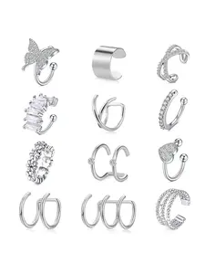 12pcs Stainless Steel Ear Clip Ear Cuff Set Without Ear Holes For Men And Women, Dot Drill Butterfly Love Double Circle Flowers Multiple Styles Fake Earrings Pack