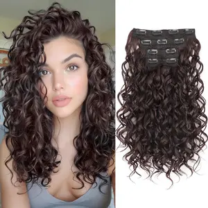 Curly Hair Extensions,16inch Clip in Hair Extensions 4Pcs Short Soft Natural Hairpiece Lace Weft Curly Wave Clip Ins Extensions Invisible for Women Daily Use,Chocolate Brown