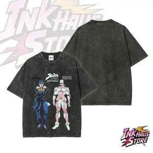 Jojoba Higashikata Josuke and his Stand "Crazy Diamond". --Short Sleeve Cotton Unisex Retro Wash Tee