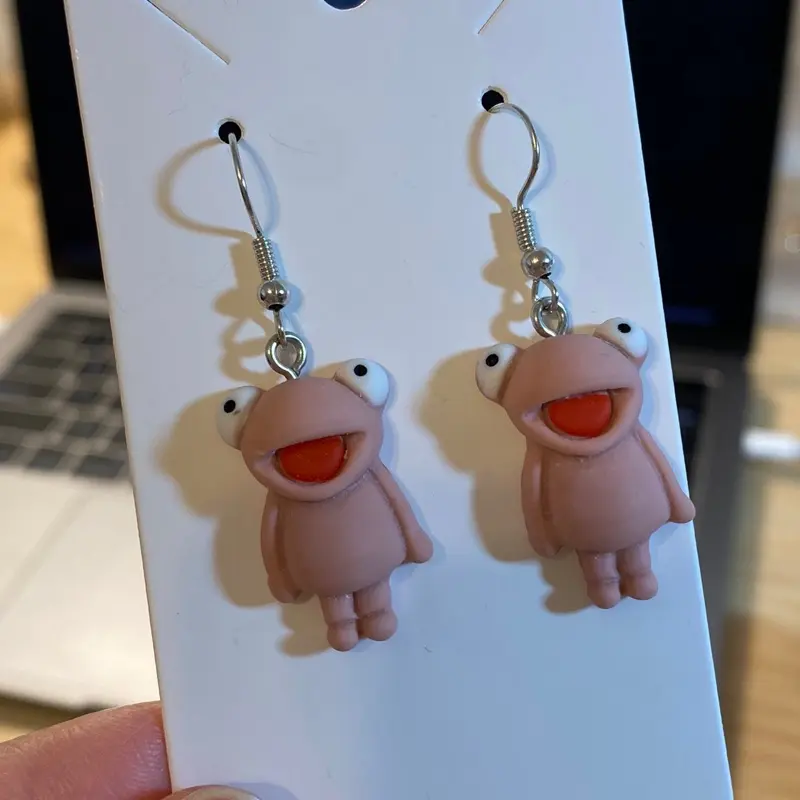 Funny Pink Frog Earrings - Cute Design with Red Eyes, Light Pink Color, Adjustable Earwire, Ideal for Everyday Wear