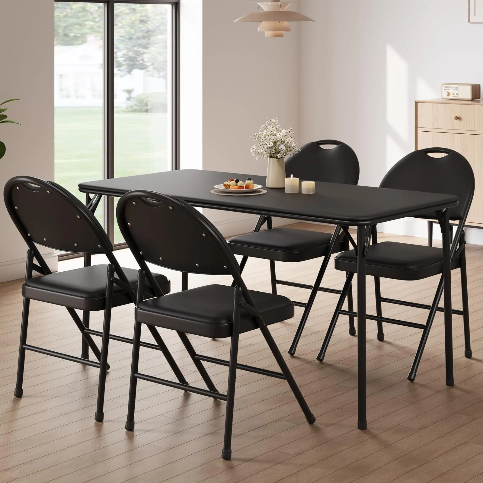Garvee 4-Pack Modern Collapsible Folding Heavy-Duty Chairs - Padded PU Leather Seats & Backs, Stackable Metal Frame, 160kg Capacity, Indoor Outdoor Furniture, Black Dining Room Furniture for Events, Collapsible Folding Chair