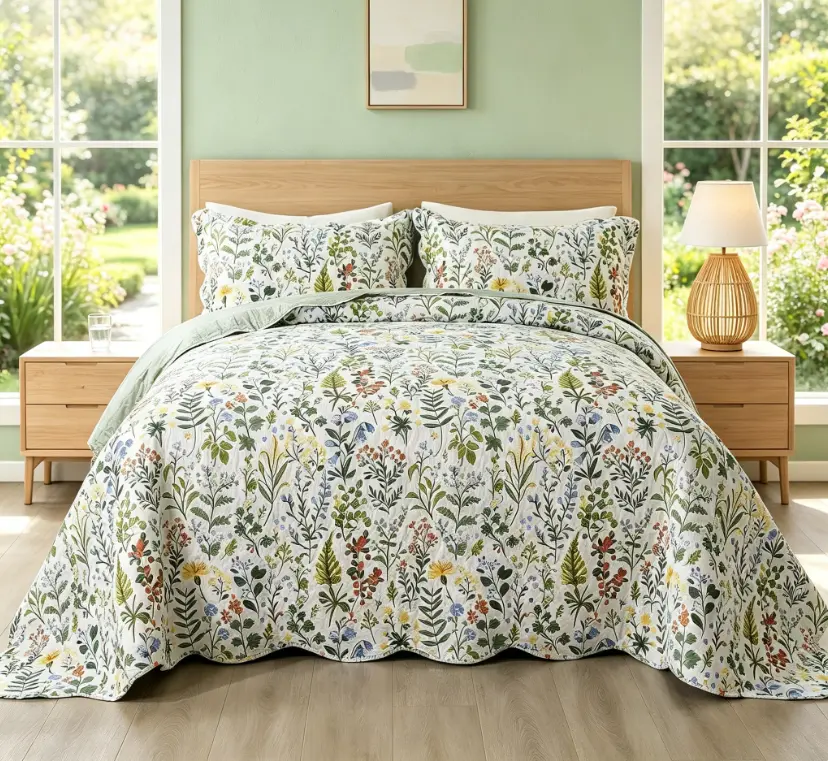 Green Floral 3-Piece Quilt Set Queen Size | Lightweight All Season Ultra Soft Microfiber Bedspread with 2 Pillow Shams, Garden Cottage Home Decor,machine washable