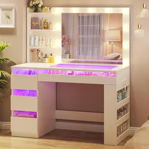 Vanity Desk with Lighted Mirror & Glass Top, Makeup Vanity Desk with 4 Transparent Drawers and RGB Lighting, Built-in Power Outlet, 3-Tier Side Shelves & Storage Organizer for Bedroom