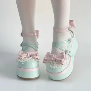 Women's Stylish Lolita-Style Leather Mary Janes Shoes, Platform Heel Footwear with Bow Detail, EVA Upper, Spring-Ready