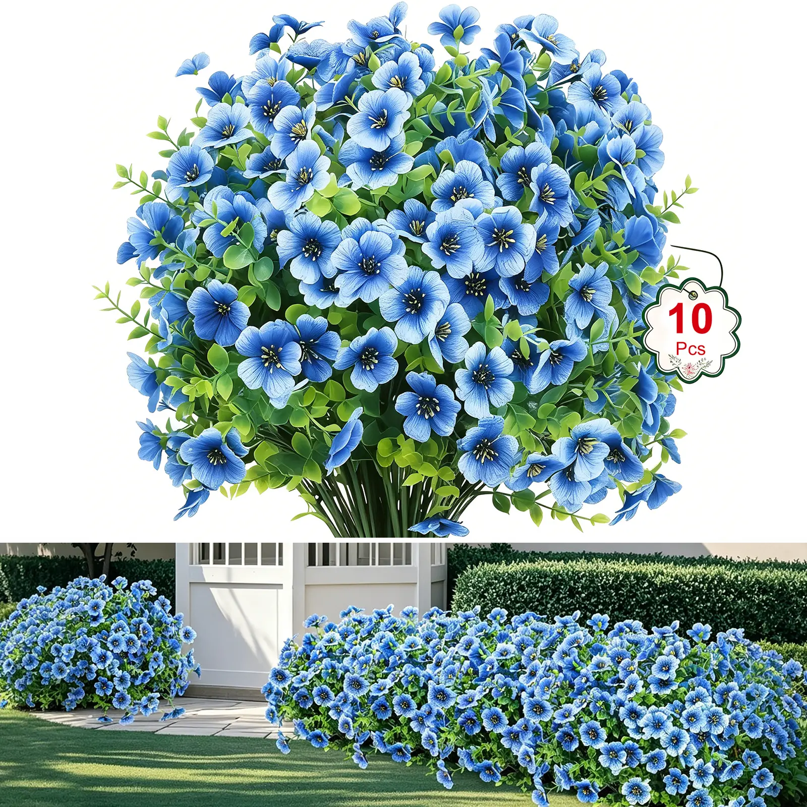 10 Bundles UV-Resistant Decorative Faux Silk Artificial Flowers - Never-Fade Floral Decor with Faux Silk Durability, Low-Care for Garden Porch Window Box (Blue)