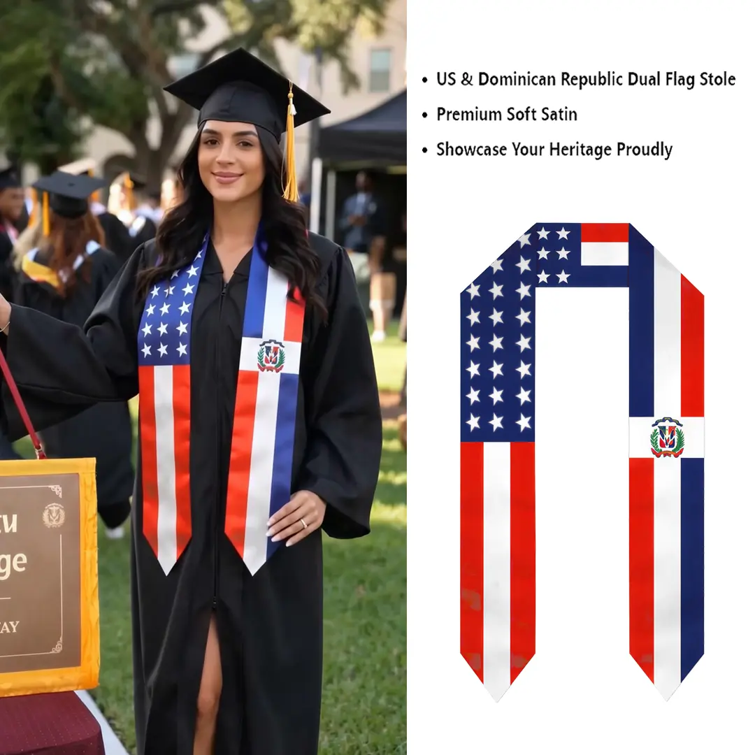USA-Dominican Republic Split Flag Elegant Silky Satin Graduation Stole (183Cm /72In) - Dual Heritage Sash for Class of 2026 Study Abroad Students, Customizable, with Cords, Ideal for Celebrating Graduation Milestone & Commemoration Walks