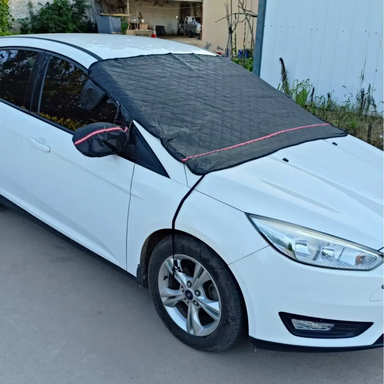 Lightweight Windshield Snow Cover for Ice and Frost, Foldable Car Windshield Protector with Side Mirror Covers, Red Reflective Strips, Quick Install Compact Winter Cover for Car