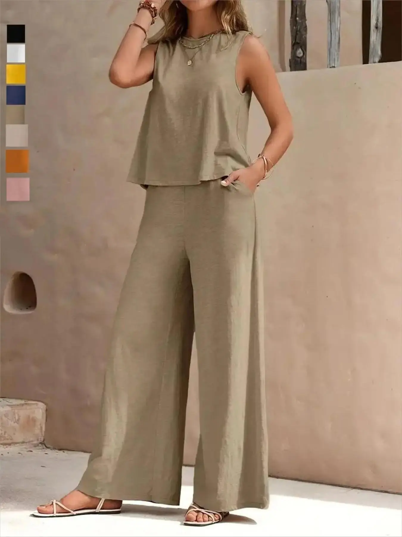 Elegant Two-Piece Set for Casual Daily Wear, Round Neck Sleeveless Tank Top and Wide Leg Pants, Fashionable Solid Color Breathable for Women, Womenswear
