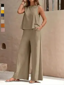 Elegant Two-Piece Set for Daily Wear, Round Neck Tank Top and Wide Leg Pants, Fashionable Solid Color for Women