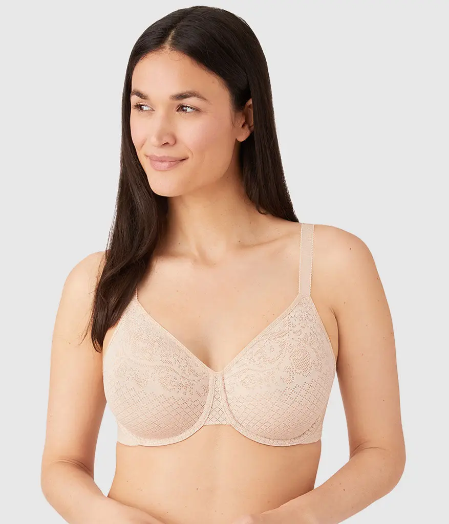 Women's Wacoal Visual Effects Minimizer Bra - Sand, Elastic Mesh Adjustable Fashion Straps, Spandex-Nylon Blend, Suitable for Bikini & Leotard Outfits, Sheer