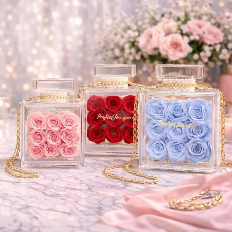 Luxury Preserved Rose Display Box, 9 Eternal Roses in Clear Perfume Bottle Case with Gold Chain Strap