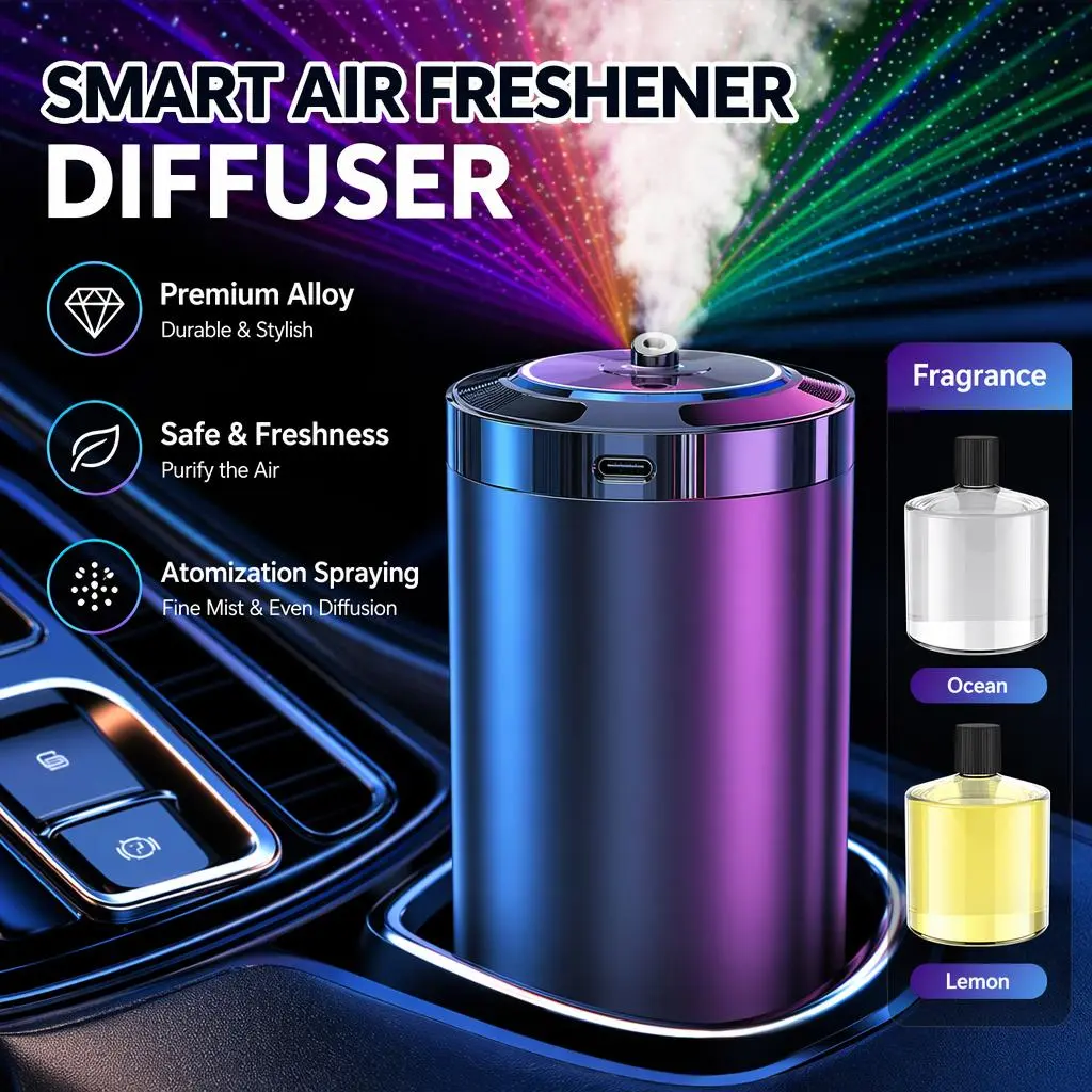 Touch Control Rechargeable Car Air Freshener Mist Diffuser, 5 Adjustable Mist Modes RGB Star Projection Ambient Light, Long Lasting Cologne & Ocean Scent Car Fragrance Diffuser, Ideal Gift for Women Girlfriend Mom Family